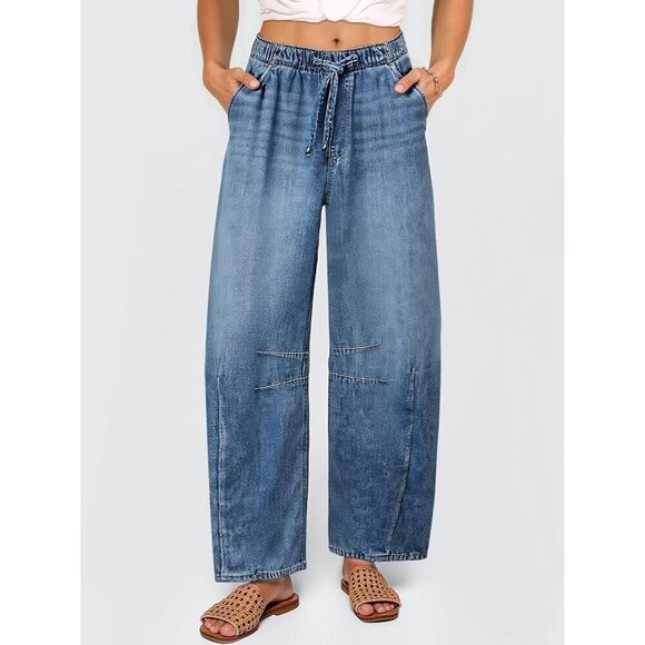 Women High Waisted Wide Leg Denim Pants Drawstring Baggy Casual Pants - Picture 2 of 6